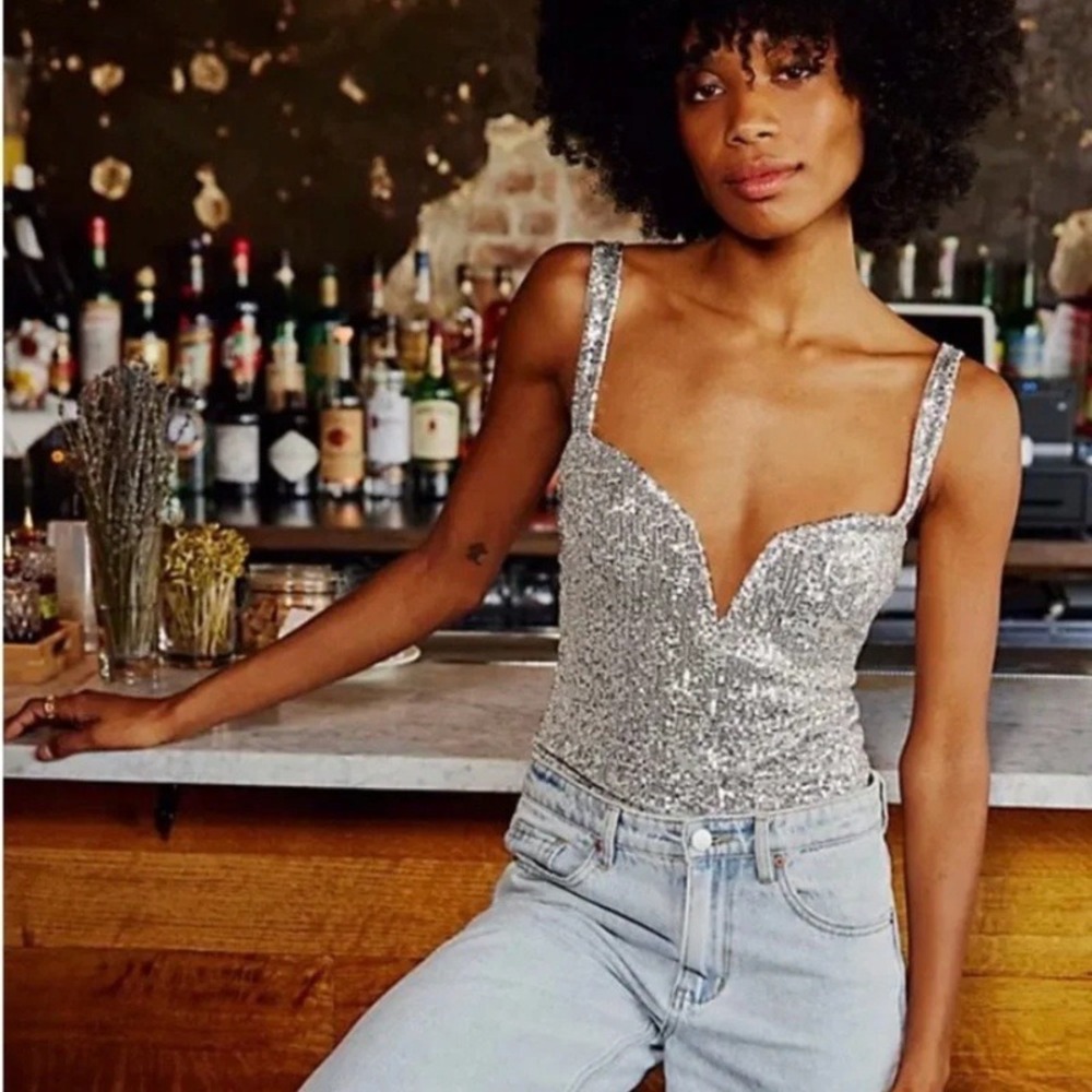 Free People Intimately Sparks Fly Bodysuit Silver Sequin V-Neck Size Large NWOT
